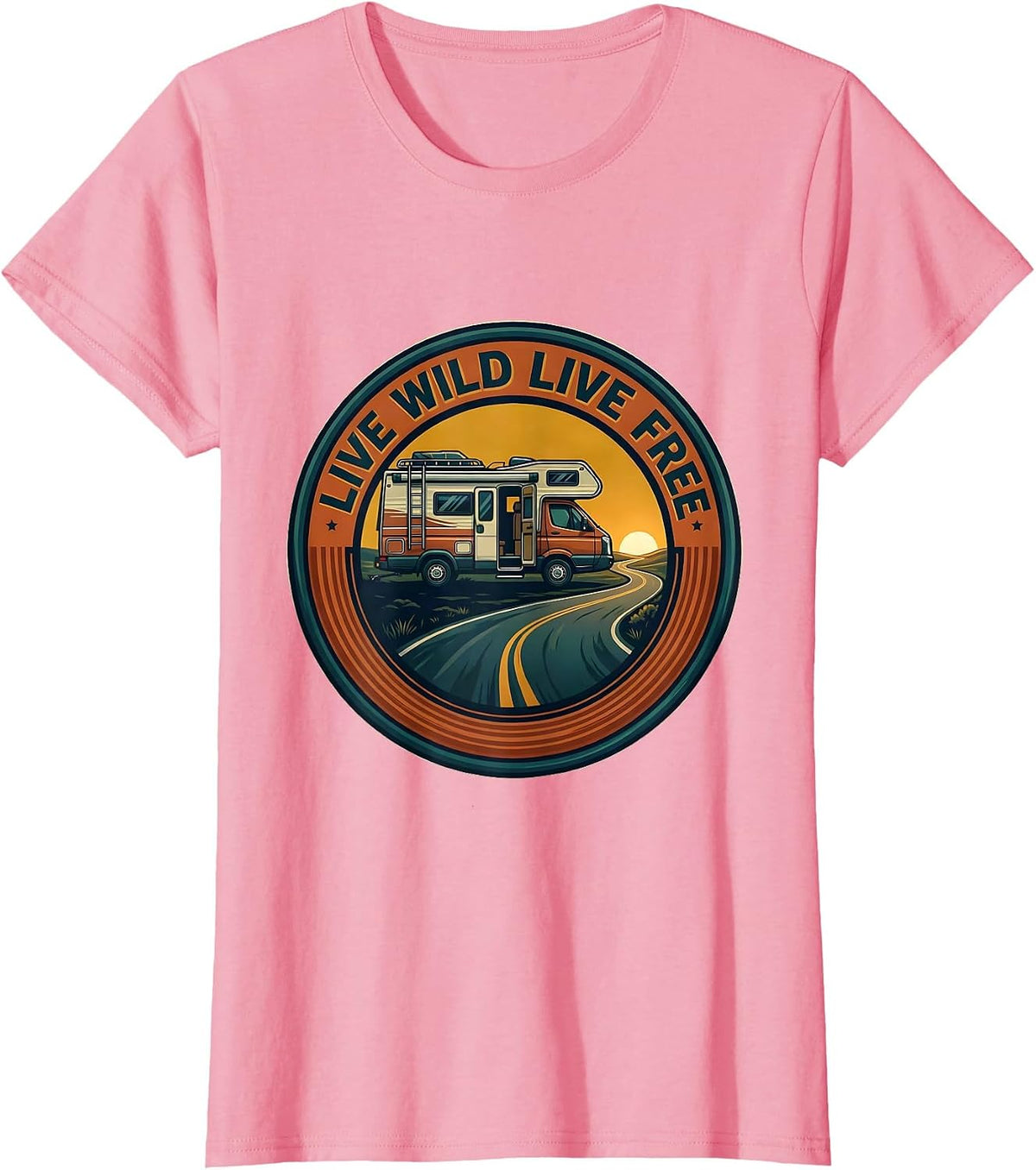 Women's Live Wild Live Free Vintage Van Life Nomad Road Trip Emblem T-Shirt - Pink