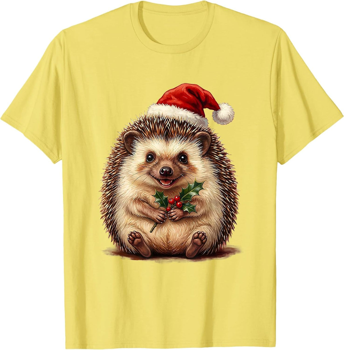 Men's Cute Christmas Hedgehog Santa Hat Holiday Design T-Shirt - Lemon Yellow