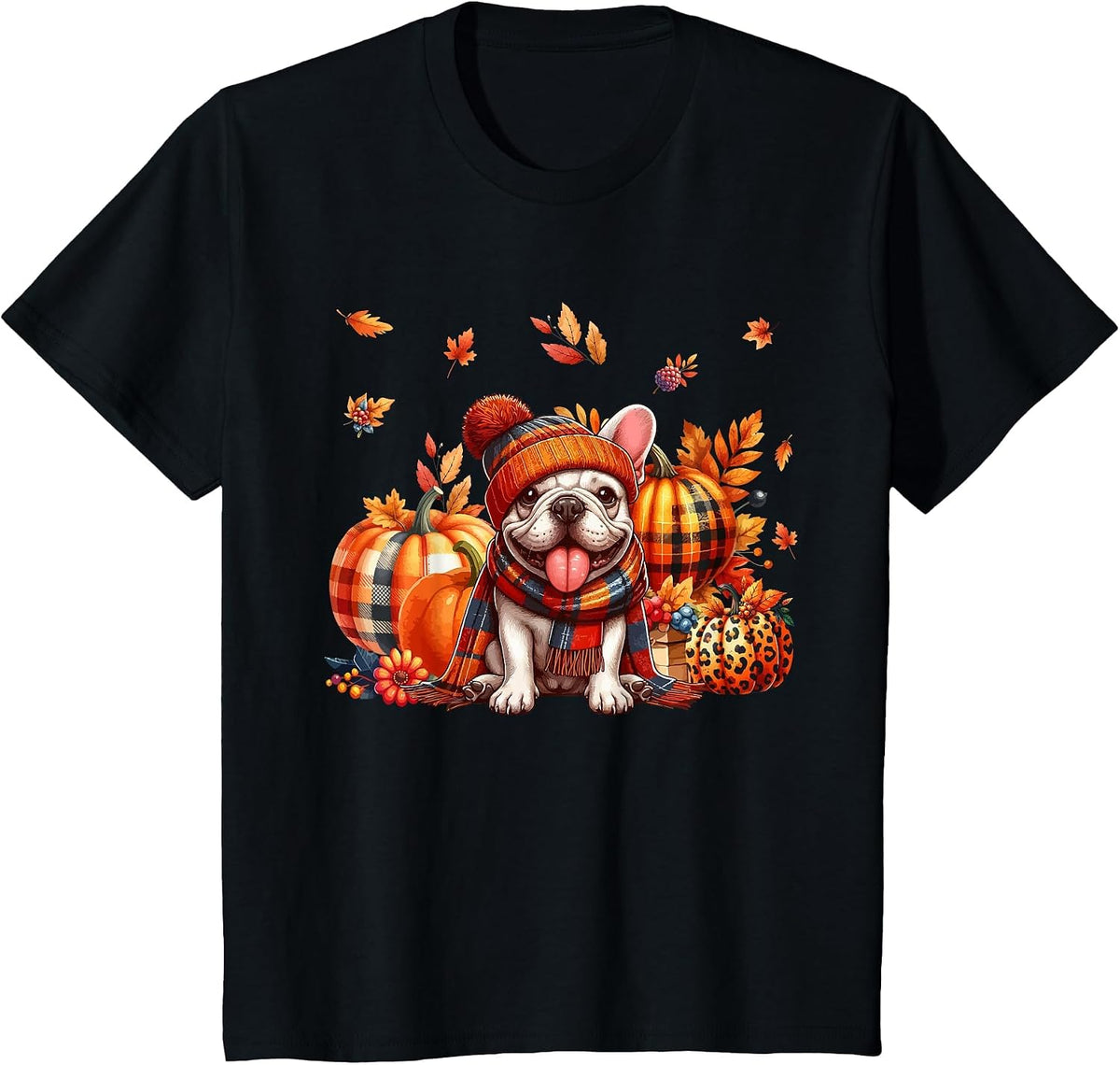 French Bulldog Thanksgiving Leopard Pumpkins Fall Leaves T-Shirt - Black