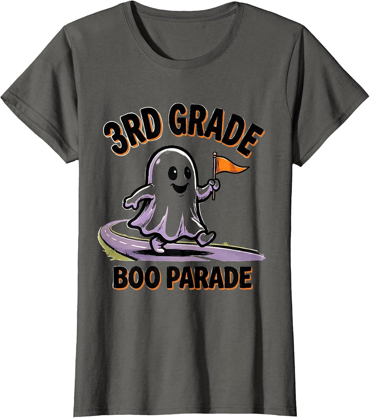 Women's 3rd Grade Boo Parade Cartoon Ghost Halloween Teacher Humor T-Shirt - Asphalt Grey