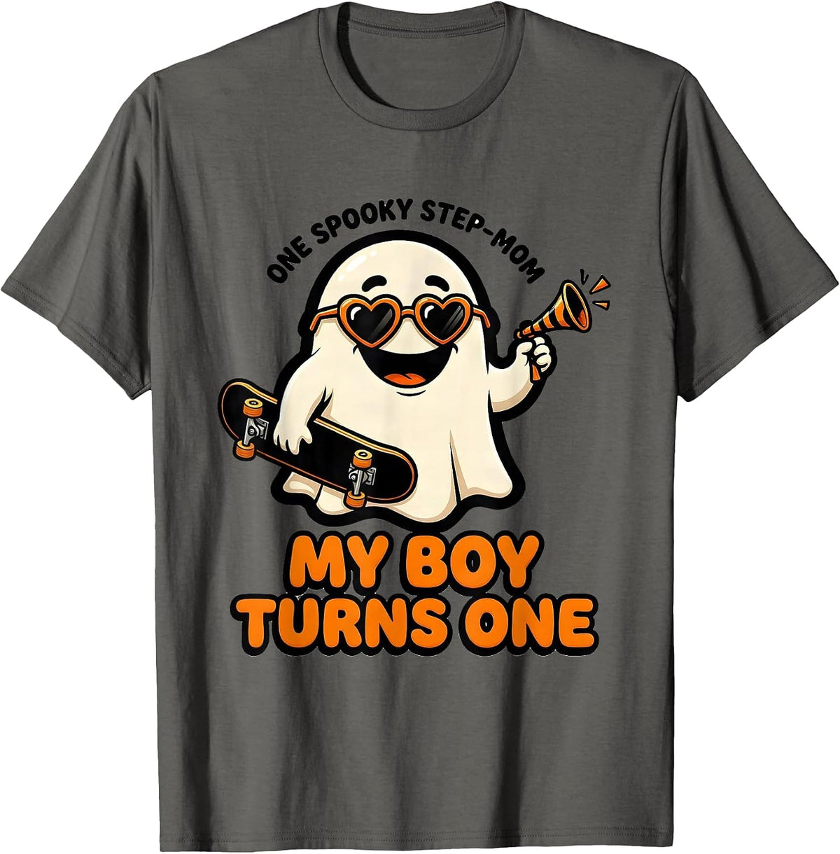 One Spooky Step-Mom My Boy Turns One Cartoon Ghost Halloween T-Shirt - Asphalt Grey