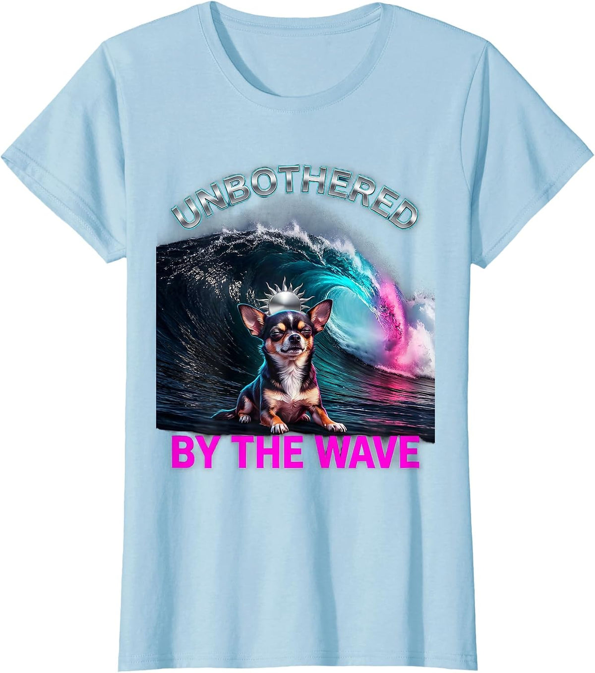 Unbothered By The Wave Vaporwave Y2K Chihuahua Surfing T-Shirt - Baby Blue