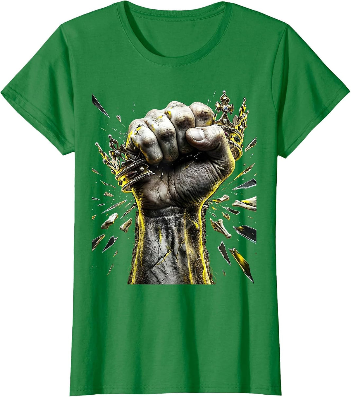 Worker's Fist Crushing Crown Labor Power Art T-Shirt - Kelly Green