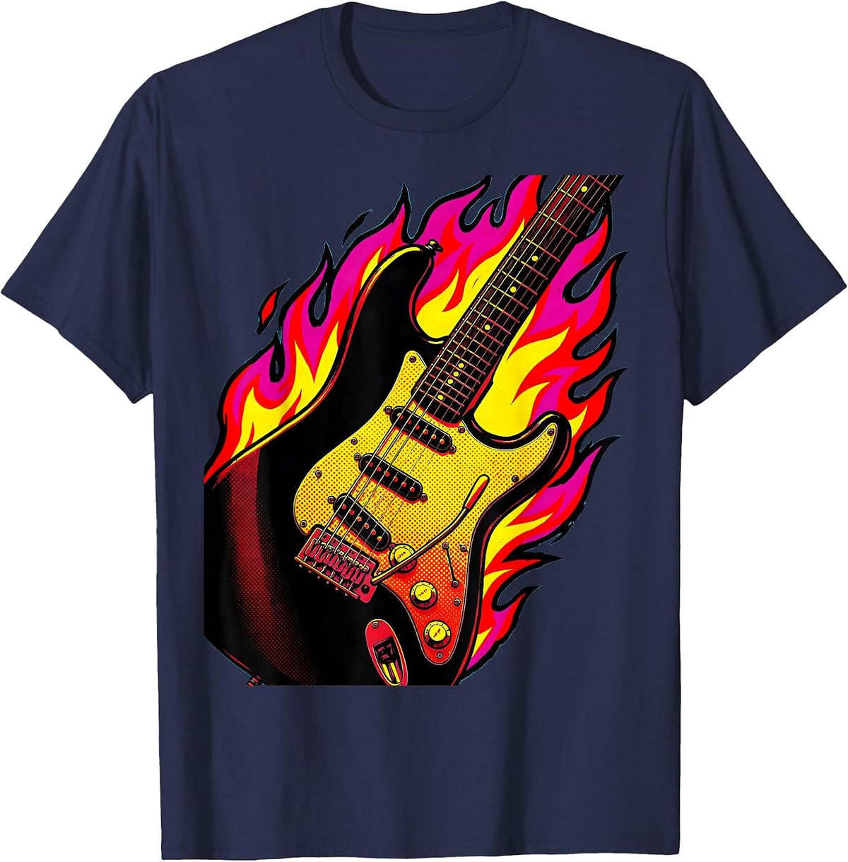 Flaming Electric Guitar Rock and Roll Graphic T-Shirt - Navy Blue