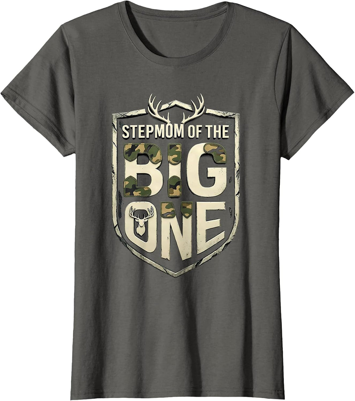 Women's Stepmom Of The Big One Birthday Boy Deer Hunter Camouflage T-Shirt - Asphalt Grey