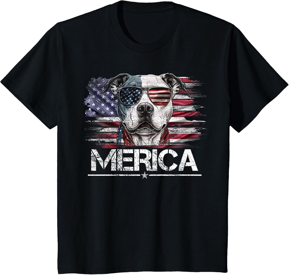 Vintage Pitbull Dog, Merica Pittie Dog USA Flag Funny T-Shirt - Black