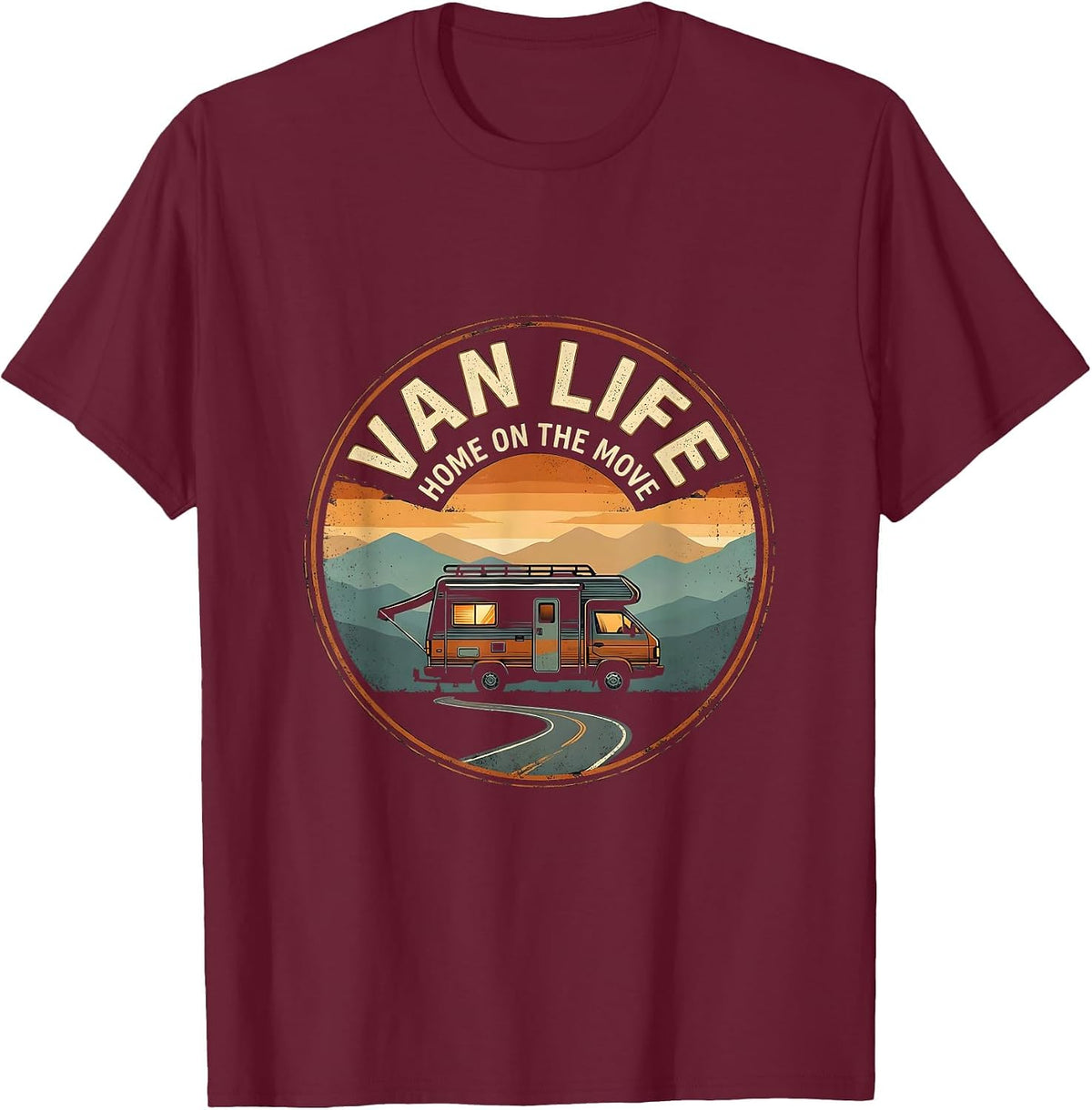 Van Life Home On The Move Vintage Retro Camper Nomad Pride T-Shirt - Burgundy