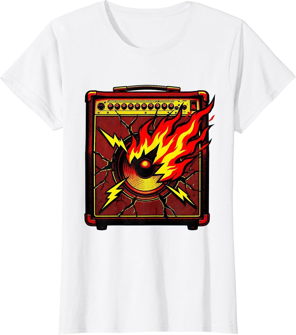 Cracked Amp Flames Rock Music Graphic Tee T-Shirt - White