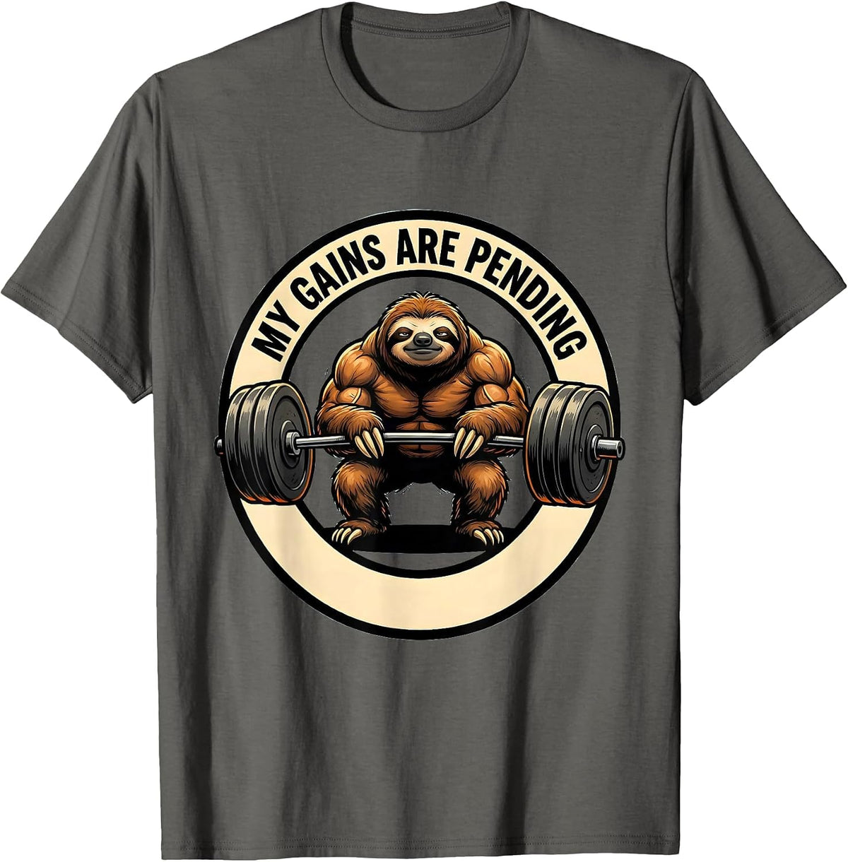 Men's My Gains Are Pending Funny Gym Cartoon Weightlifting Workout T-Shirt - Asphalt Grey