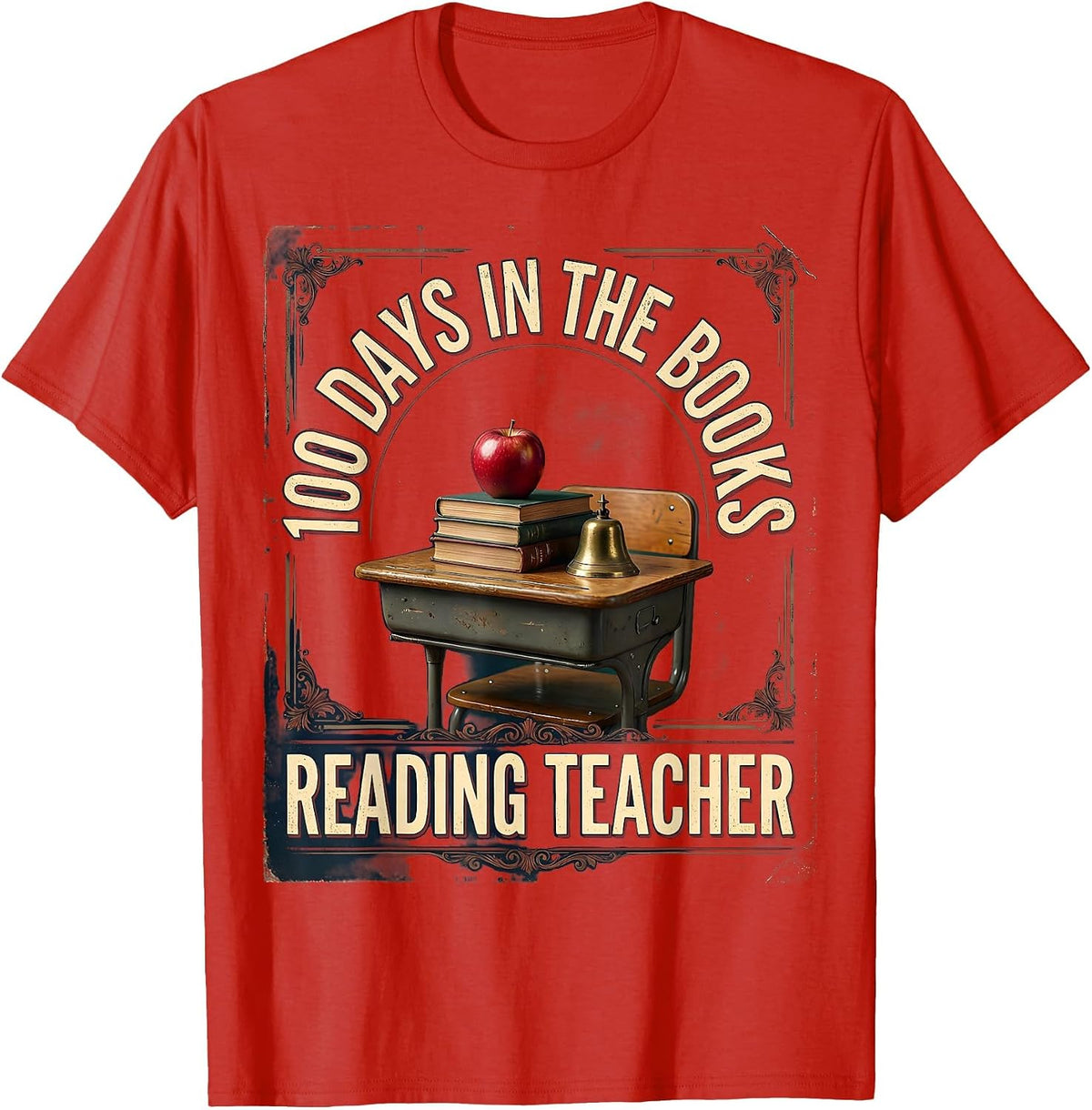 Men's 100 Days In The Books Reading Teacher Vintage School Desk T-Shirt - Red