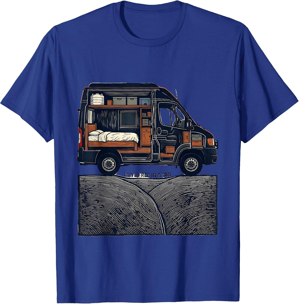 Men's I Live Free In A Van Retro Van Life Nomads Dwellers T-Shirt - Royal Blue