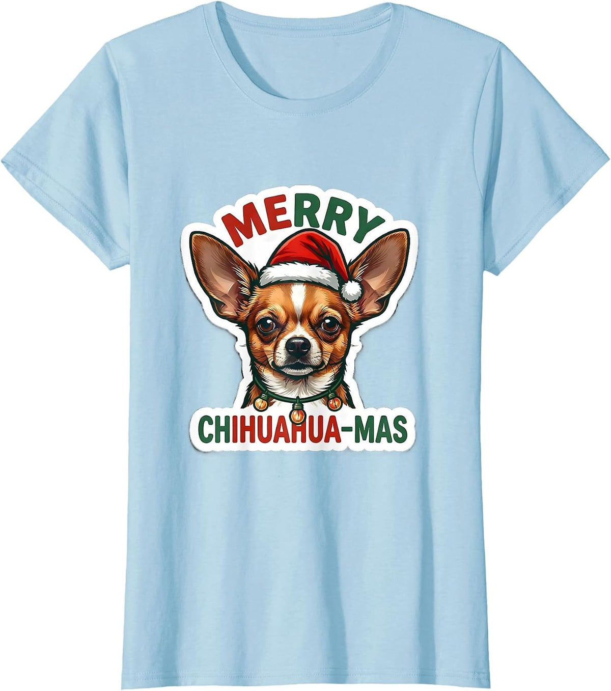 Merry Chihuahua-mas Funny Christmas Dog Breed Lights Novelty T-Shirt - Baby Blue