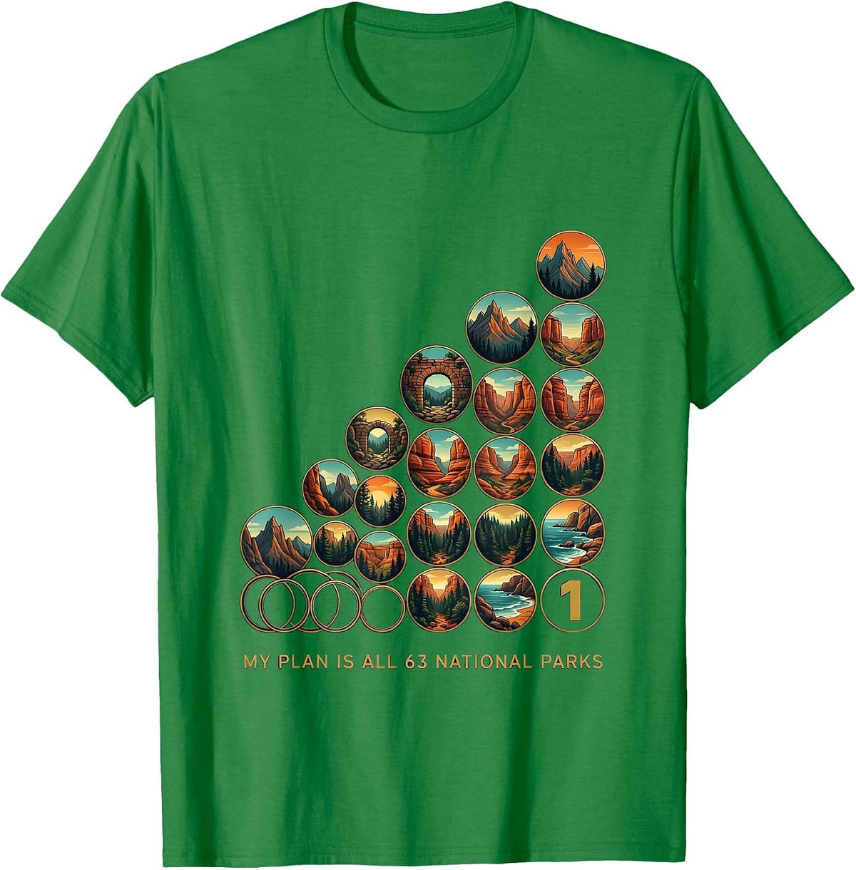 Men's My Plan Is All 63 National Parks Checklist Badge Grid T-Shirt - Kelly Green