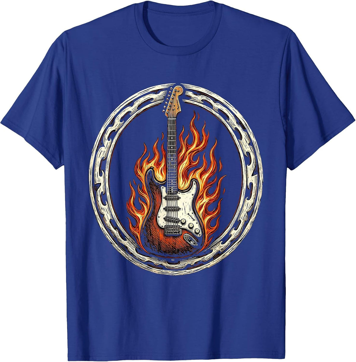 Flaming Electric Guitar Punk Rock Graphic T-Shirt - Royal Blue