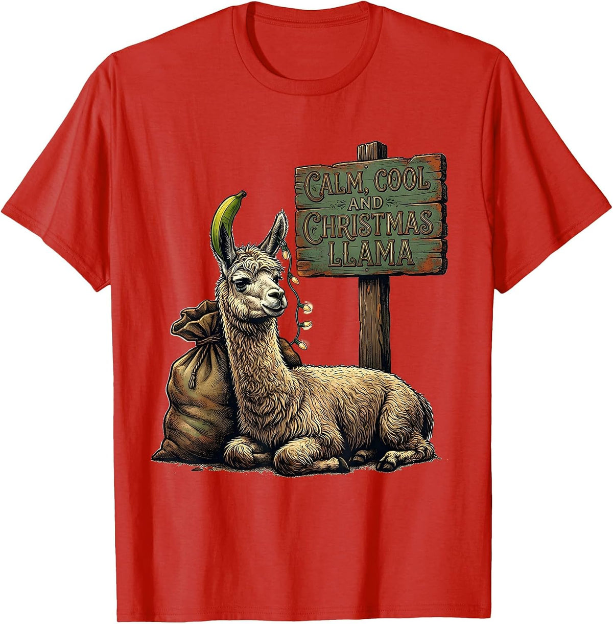 Men's Calm Cool And Christmas Llama Vintage Funny Llama Lover Gift T-Shirt - Red
