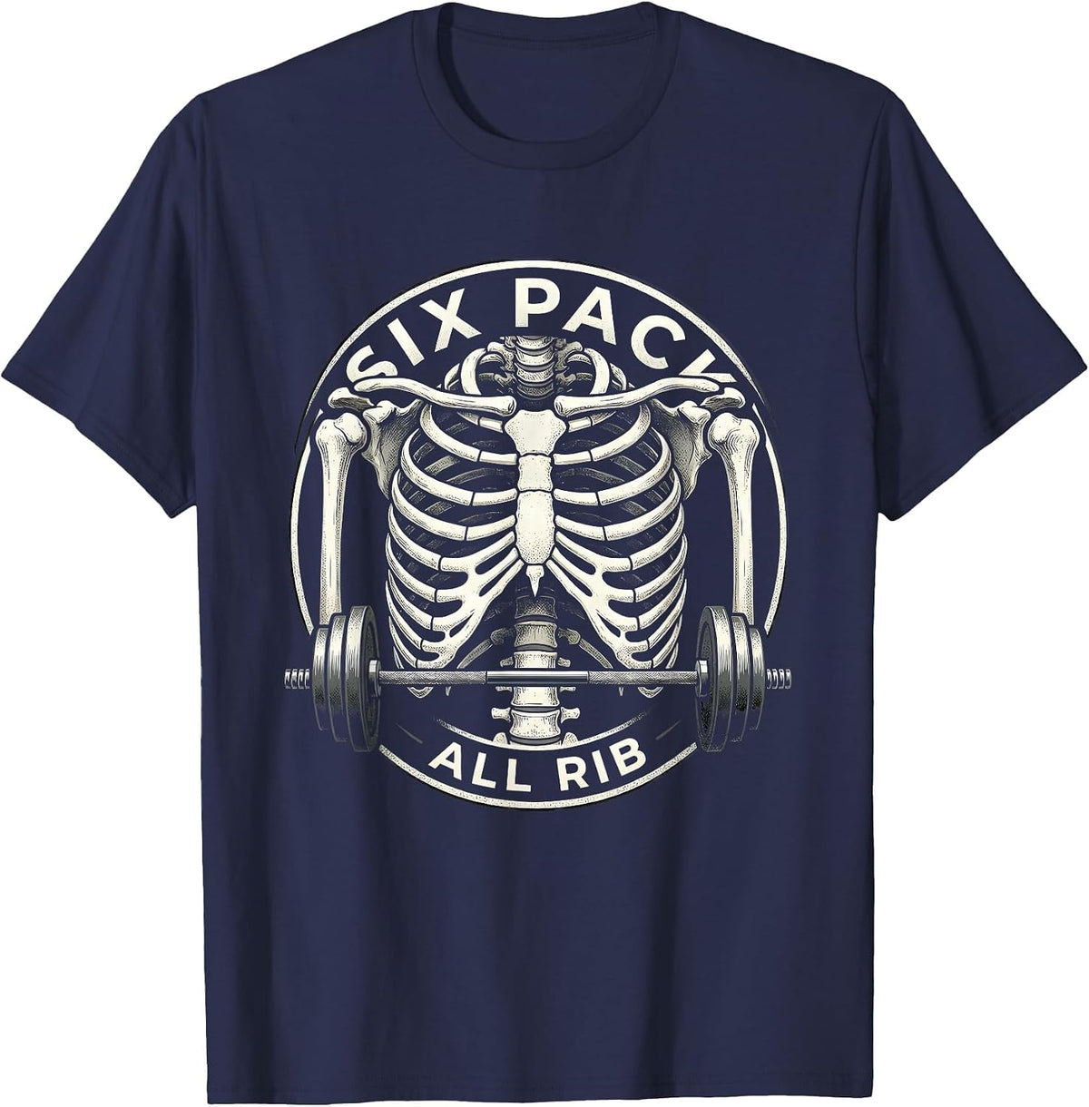 Six Pack, All Rib Funny Skeleton Gym Workout Halloween Humor T-Shirt - Navy Blue