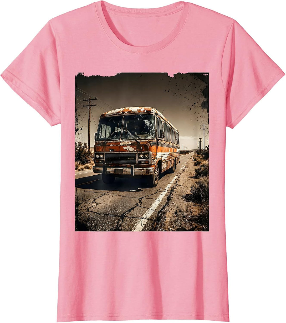 Women's Vintage Tour Van Open Highway Graphic Tee T-Shirt - Pink