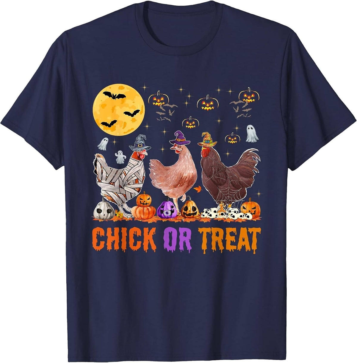 Fall Halloween Chicken Pumpkin Chick Or Treat Spooky T-Shirt - Navy Blue