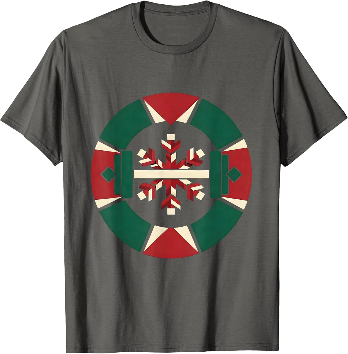 Quilted Barbell Snowflake Gym Humor Christmas Fitness Gift T-Shirt - Asphalt Grey