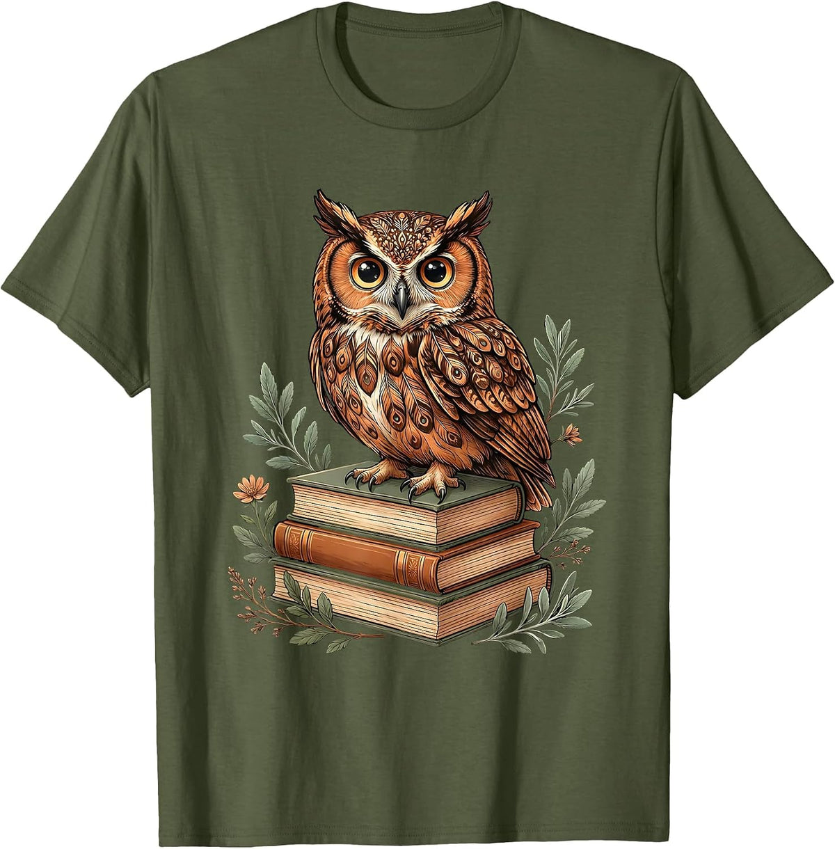 5th Grade Teacher Owl on Textbooks Illustration T-Shirt - Olive Green
