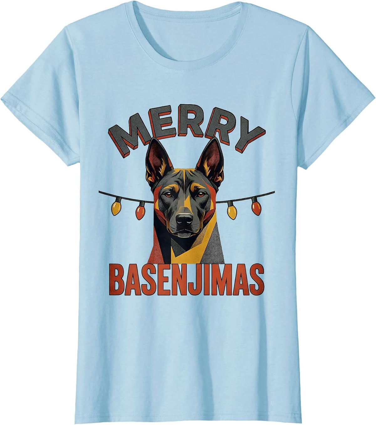 Merry Basenjimas Midcentury Modern Christmas Dog Breed Humor T-Shirt - Baby Blue