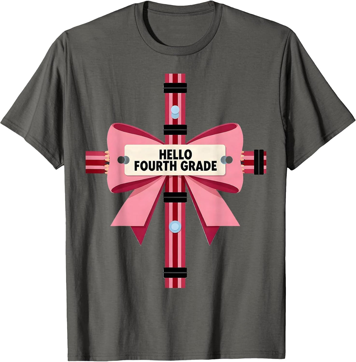 Hello Fourth Grade Coquette Bow Back To School Teacher Girl T-Shirt - Asphalt Grey
