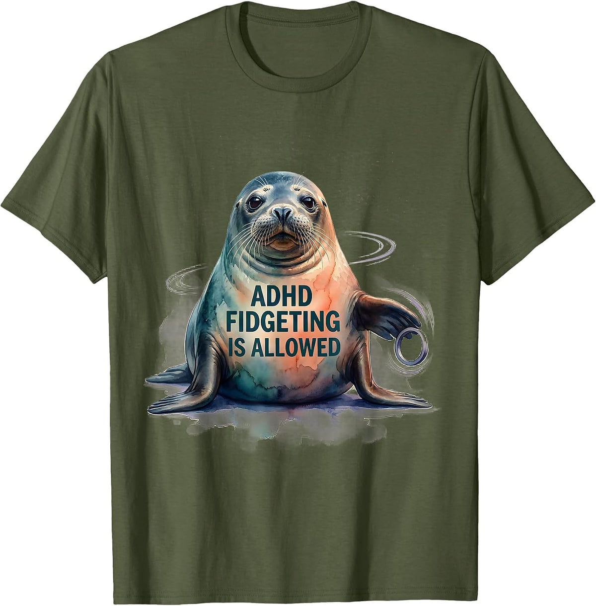 Men's ADHD Fidgeting Is Allowed Watercolor Seal Neurodivergent T-Shirt - Olive Green