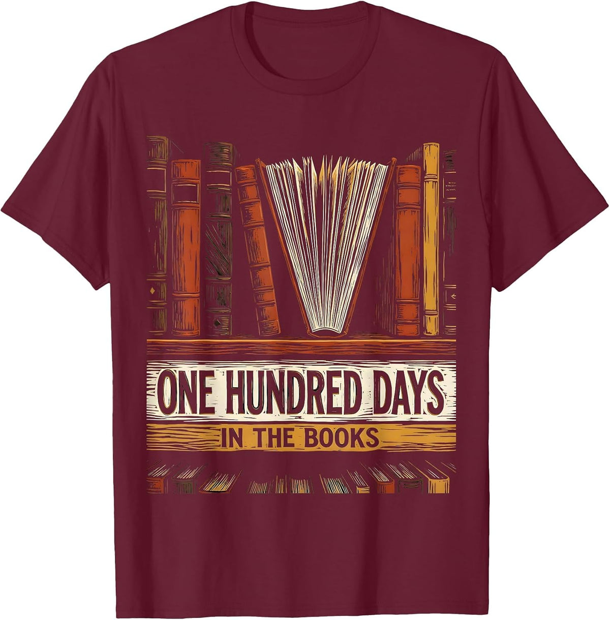 Men's One Hundred Days In The Books Linocut Reading Teacher 100th T-Shirt - Burgundy