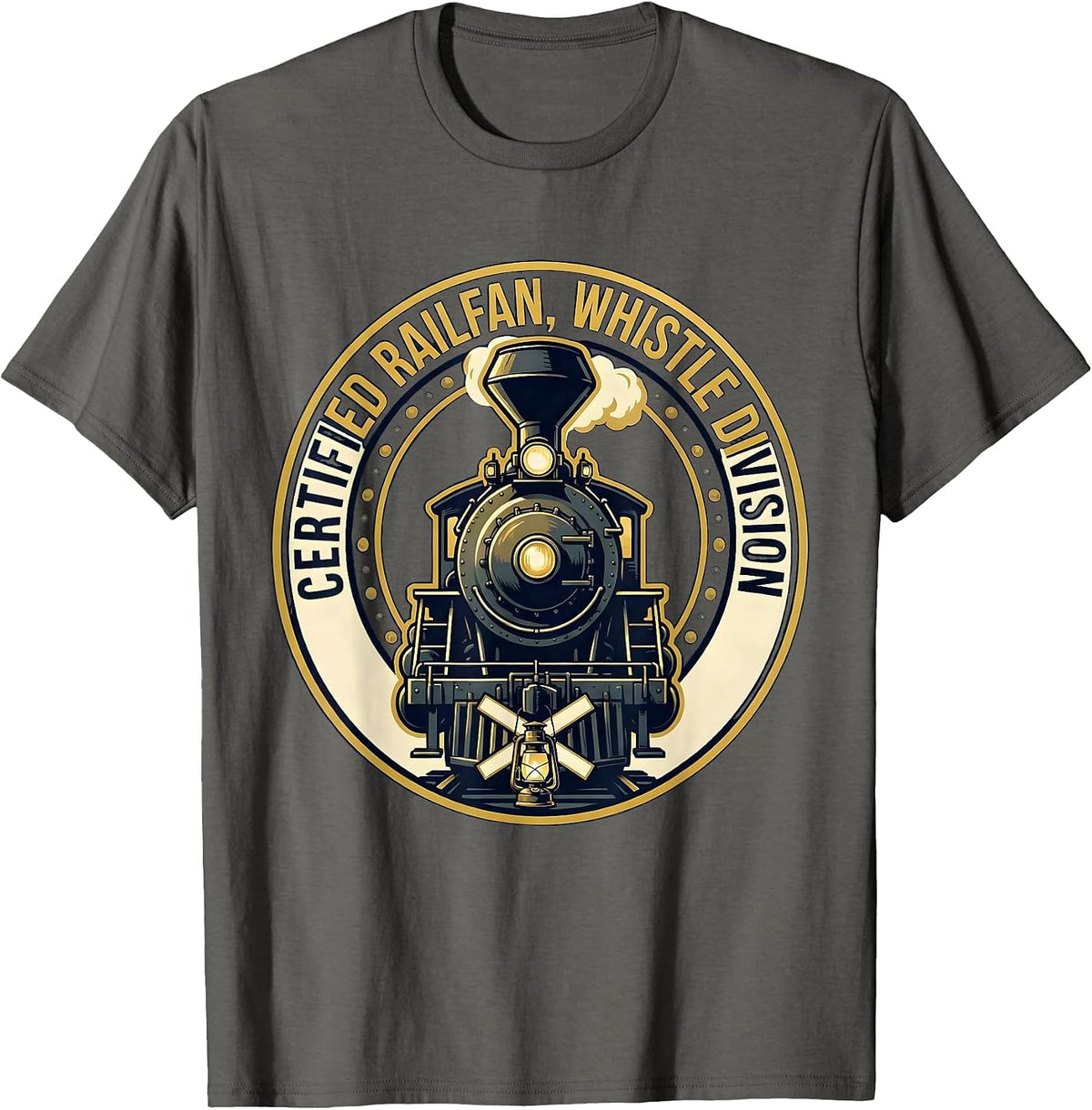 Men's Certified Railfan Whistle Division Vintage Steam Locomotive T-Shirt - Asphalt Grey