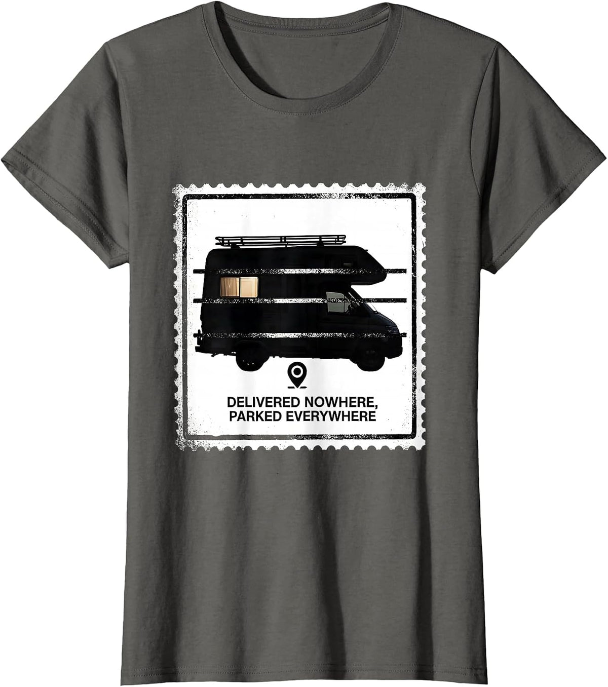 Women's Delivered Nowhere, Parked Everywhere Retro Van Life Van T-Shirt - Asphalt Grey