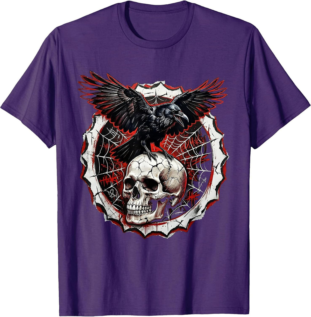 Crow Perched on Skull Dark Gothic Metal Design T-Shirt - Purple
