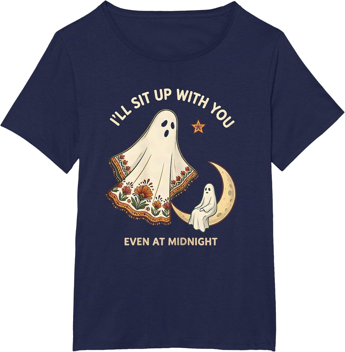 Women's I'll Sit Up With You, Even At Midnight Folk Art Ghost T-Shirt - Navy Blue
