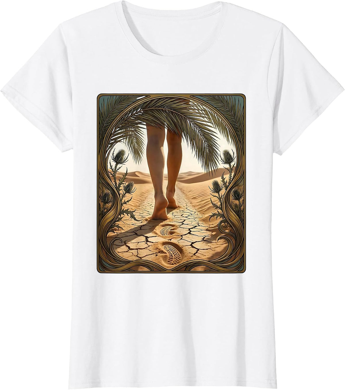 Women's Jesus Walking on Dusty Desert Road Graphic T-Shirt - White