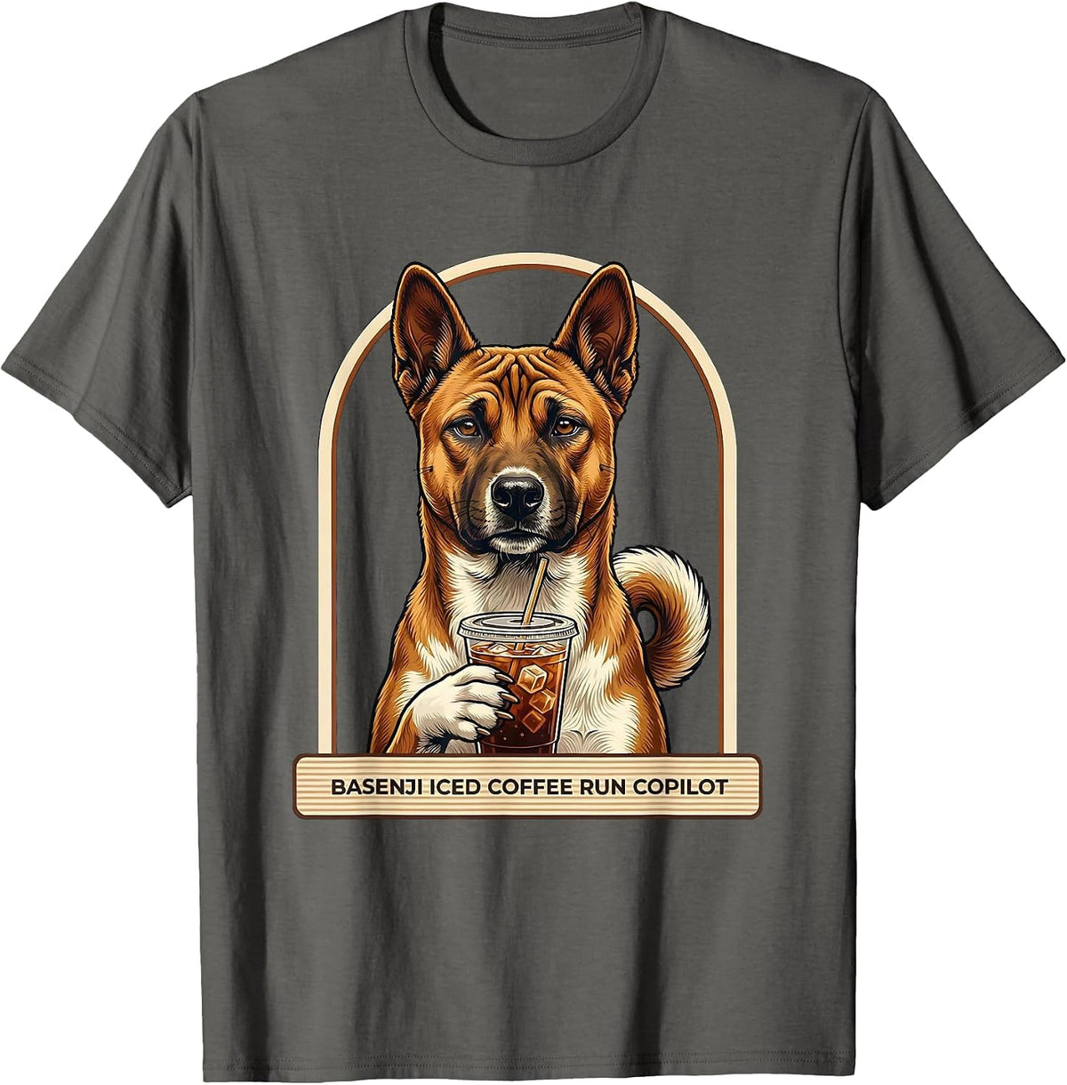Basenji Iced Coffee Run Copilot Funny Dog Lover Humor T-Shirt - Asphalt Grey