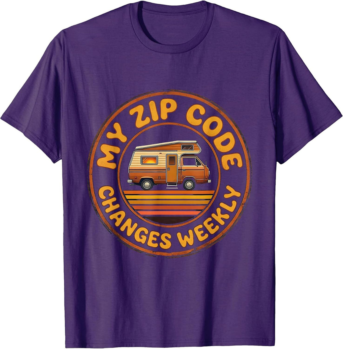 Men's My Zip Code Changes Weekly Retro Van Life Nomads Camper Van T-Shirt - Purple