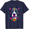 Mexican Sugar Skull Pitbull Dog Dia de Muertos Halloween Day T-Shirt - Navy Blue