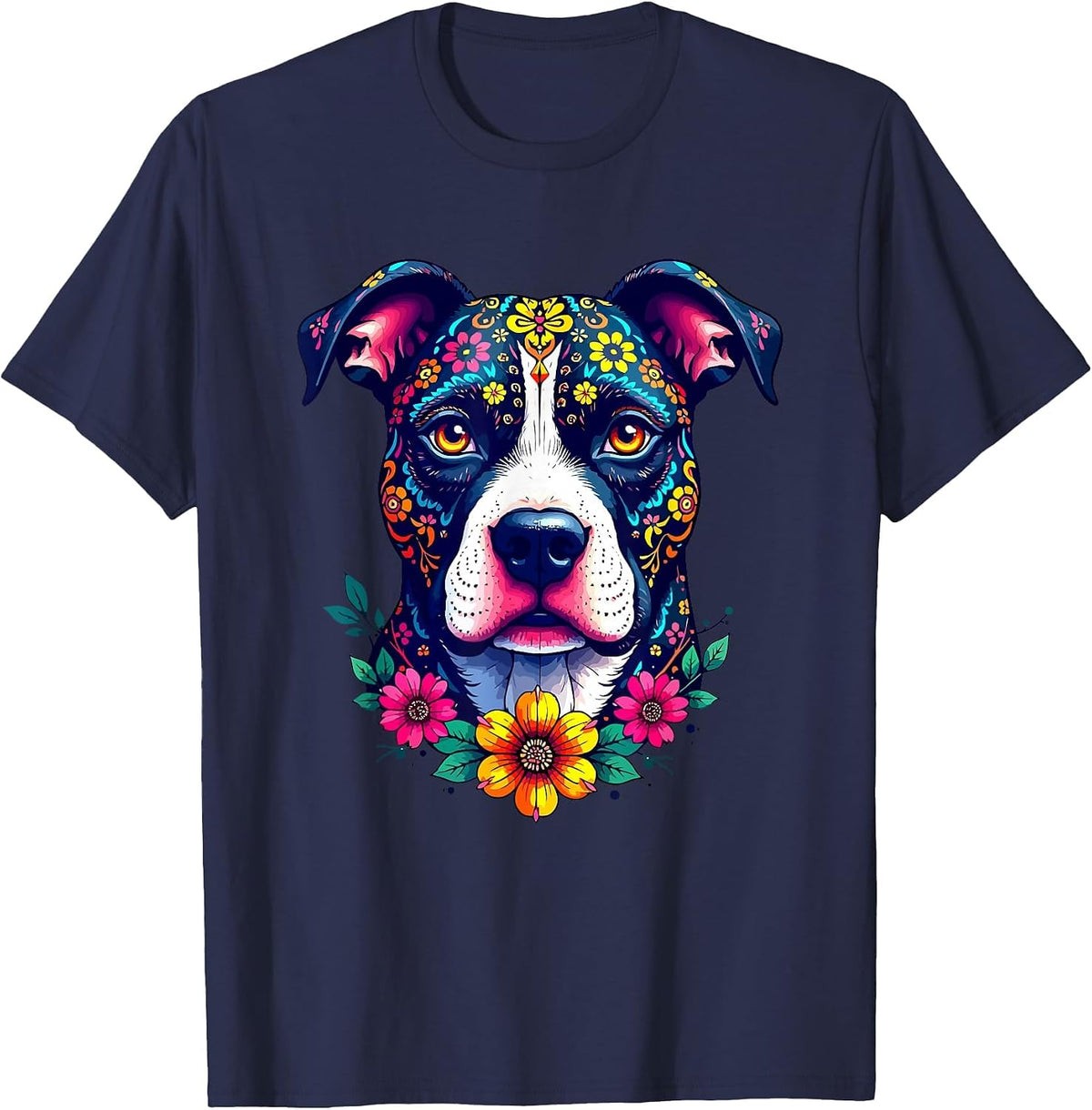 Mexican Sugar Skull Pitbull Dog Dia de Muertos Halloween Day T-Shirt - Navy Blue