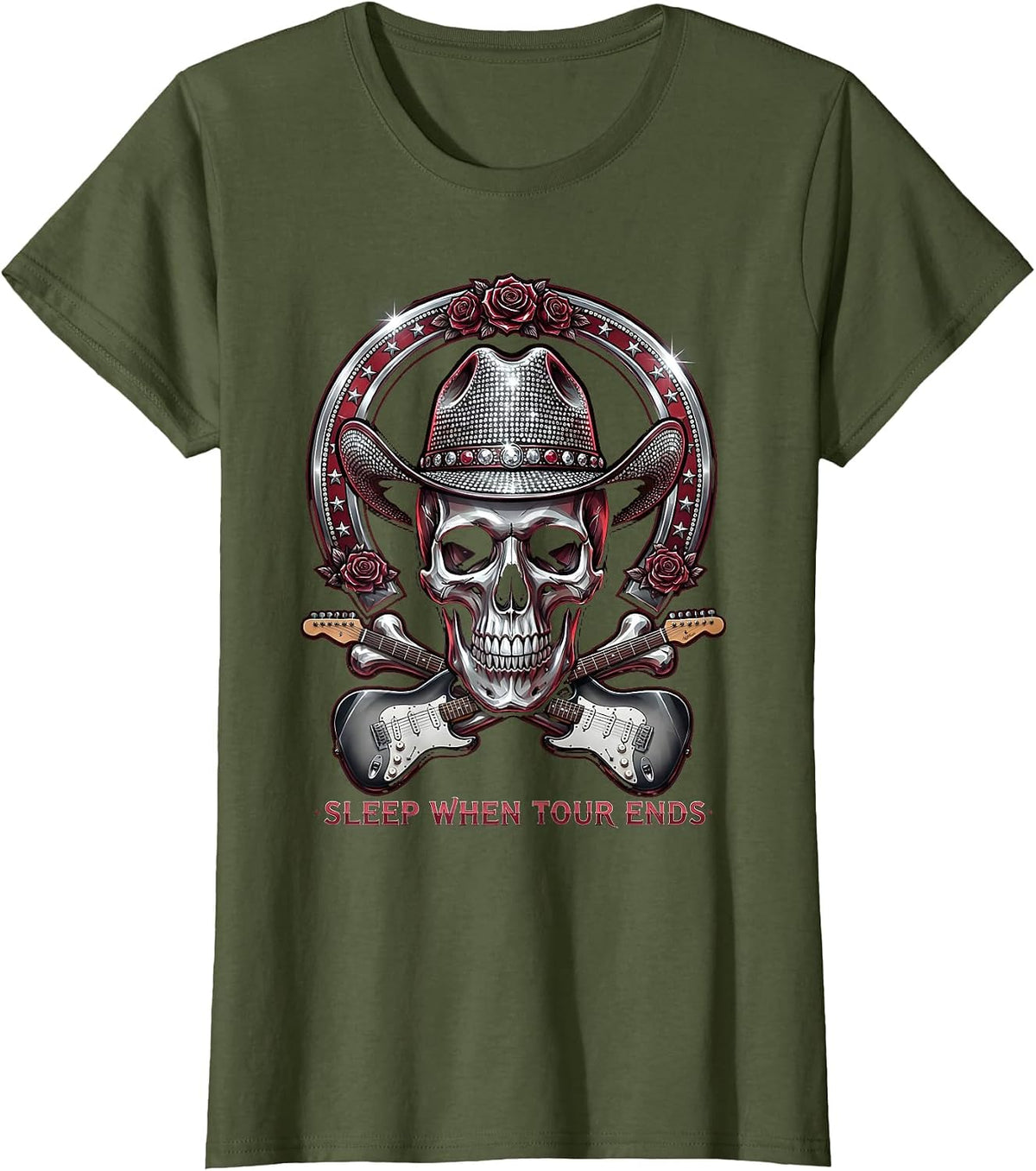 Women's Sleep When Tour Ends Metal Band Graphic Design T-Shirt - Olive Green
