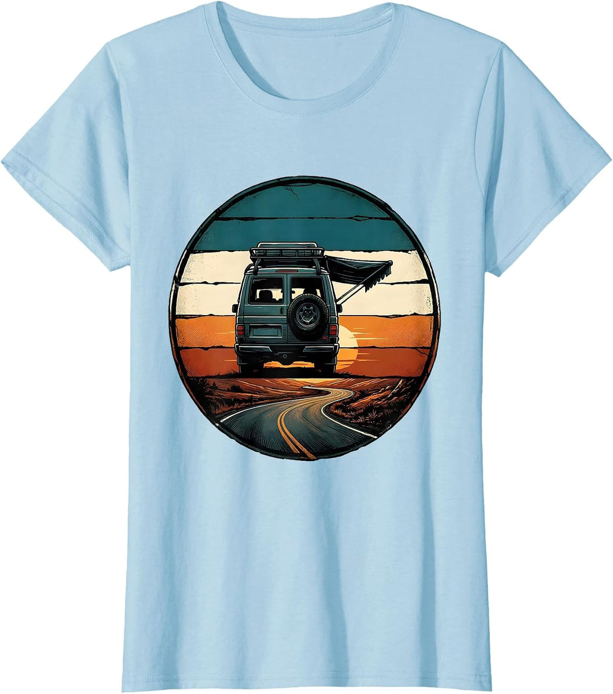 Retro Camper Van Life Road Trip Badge T-Shirt - Baby Blue