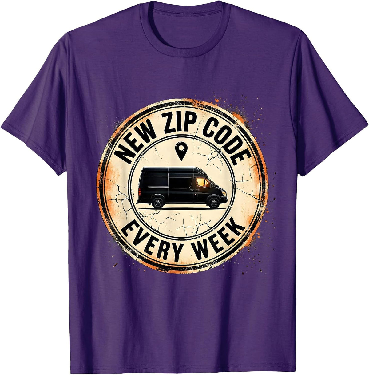 Men's New Zip Code Every Week Distressed Van Life Retro Road Trip T-Shirt - Purple