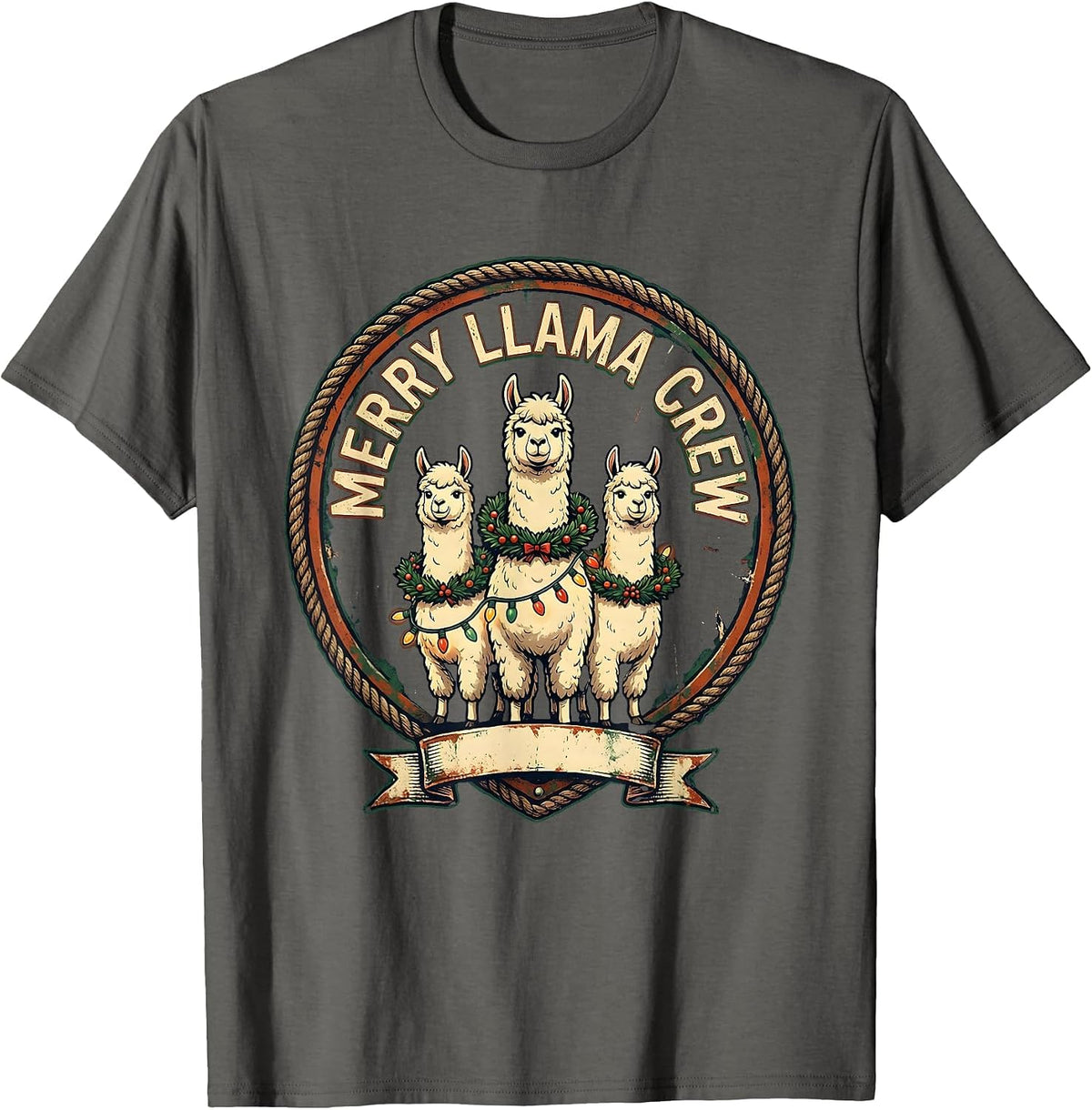 Men's Merry Llama Crew Vintage Funny Llama Lover Christmas T-Shirt - Asphalt Grey