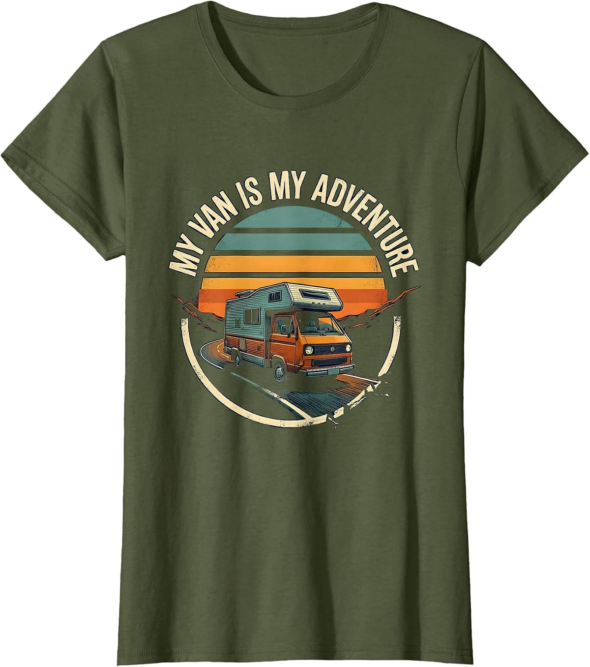 Women's My Van Is My Adventure Vintage Van Life Road Trip Nostalgia T-Shirt - Olive Green