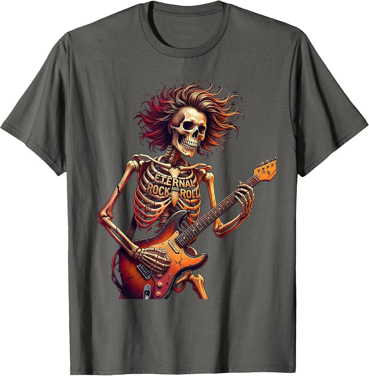 Skeleton Rock Band Eternal Rock And Roll Halloween T-Shirt - Asphalt Grey