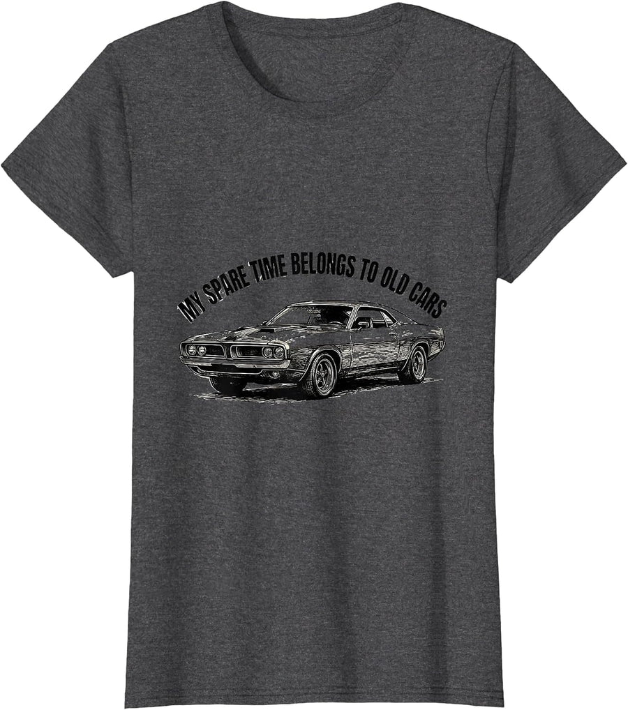 Women's My Spare Time Belongs To Old Cars Funny Classic Car Guy T-Shirt - Dark Heather Grey