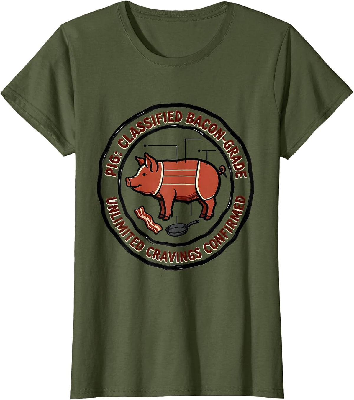 Women's Pig: Classified Bacon-Grade, Unlimited Cravings Confirmed T-Shirt - Olive Green