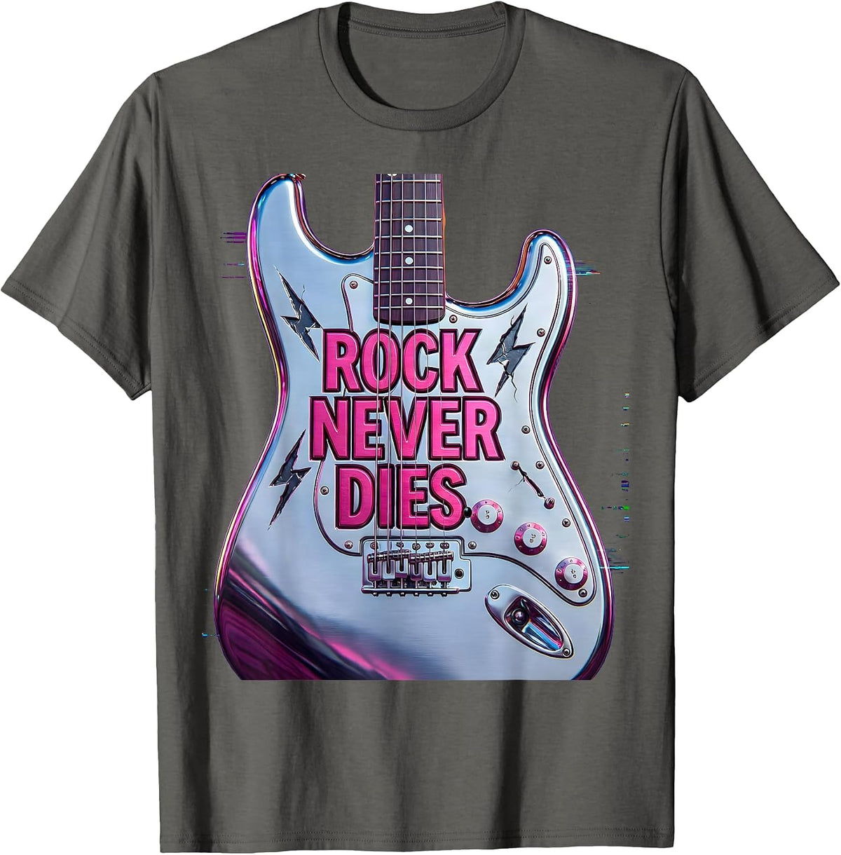 Rock Never Dies Bold Music Graphic Design T-Shirt - Asphalt Grey