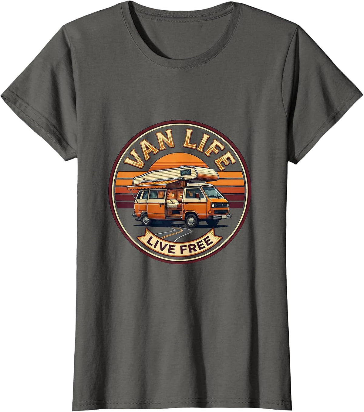 Women's Van Life Live Free Retro Van Dwellers Nomads Casual Wear T-Shirt - Asphalt Grey