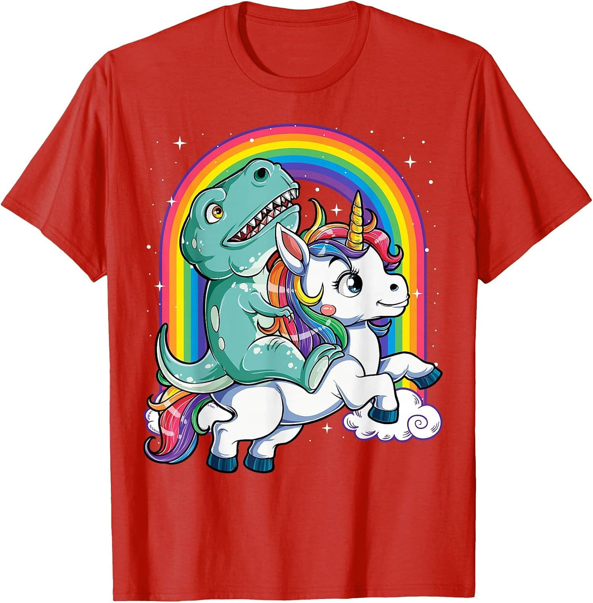 Dinosaur Riding Unicorn Funny T-rex Boys Men Rainbow Galaxy T-Shirt - Red