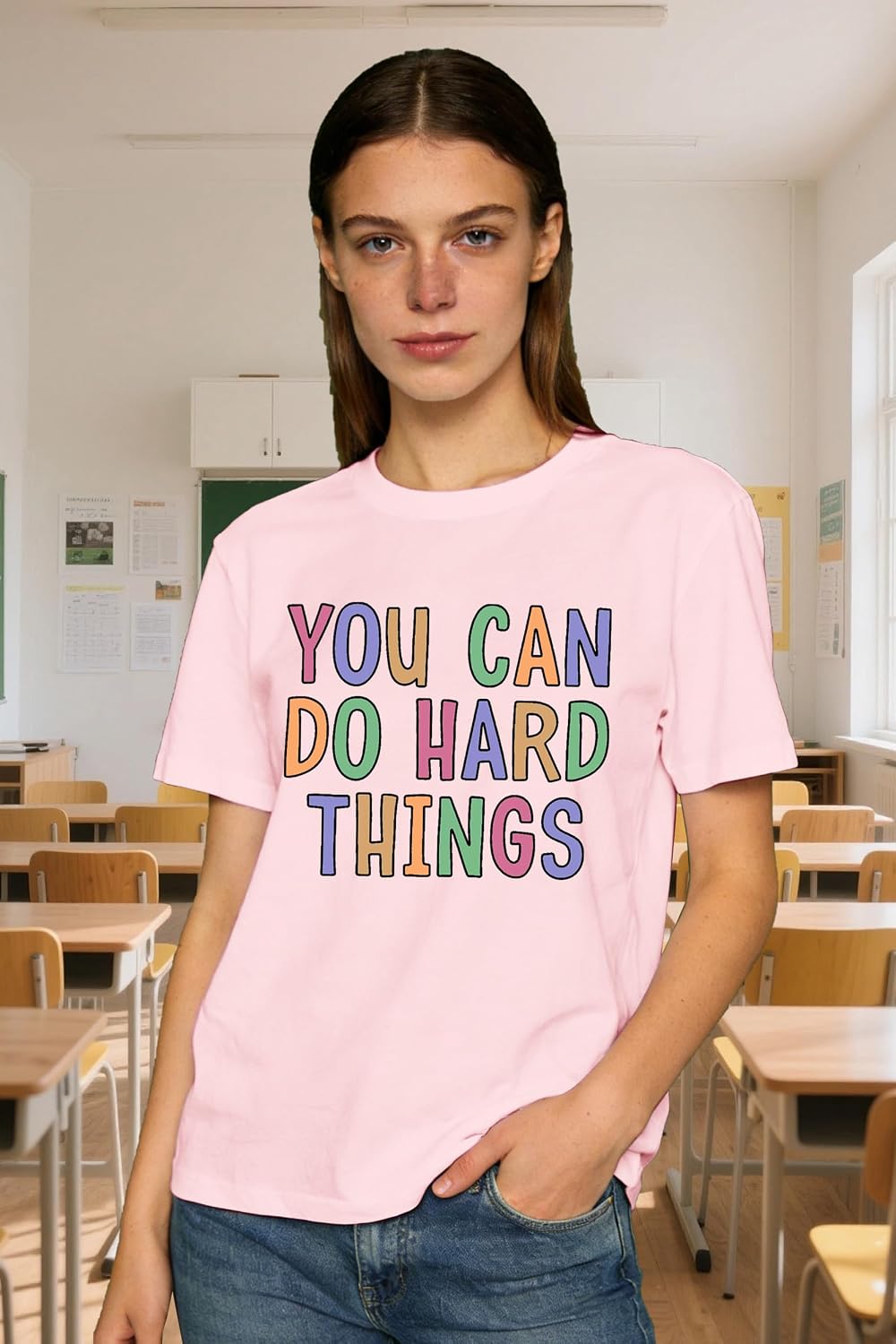 Women's Teacher Shirt You Can Do Hard Things T-Shirt Teach Teaching Inspirational Encouraging Tee Tops - size chart