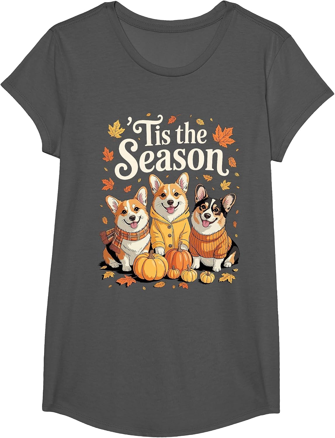 Tis The Season Corgi Fall Autumn Pumpkin Dog T-Shirt - Girls Asphalt Grey